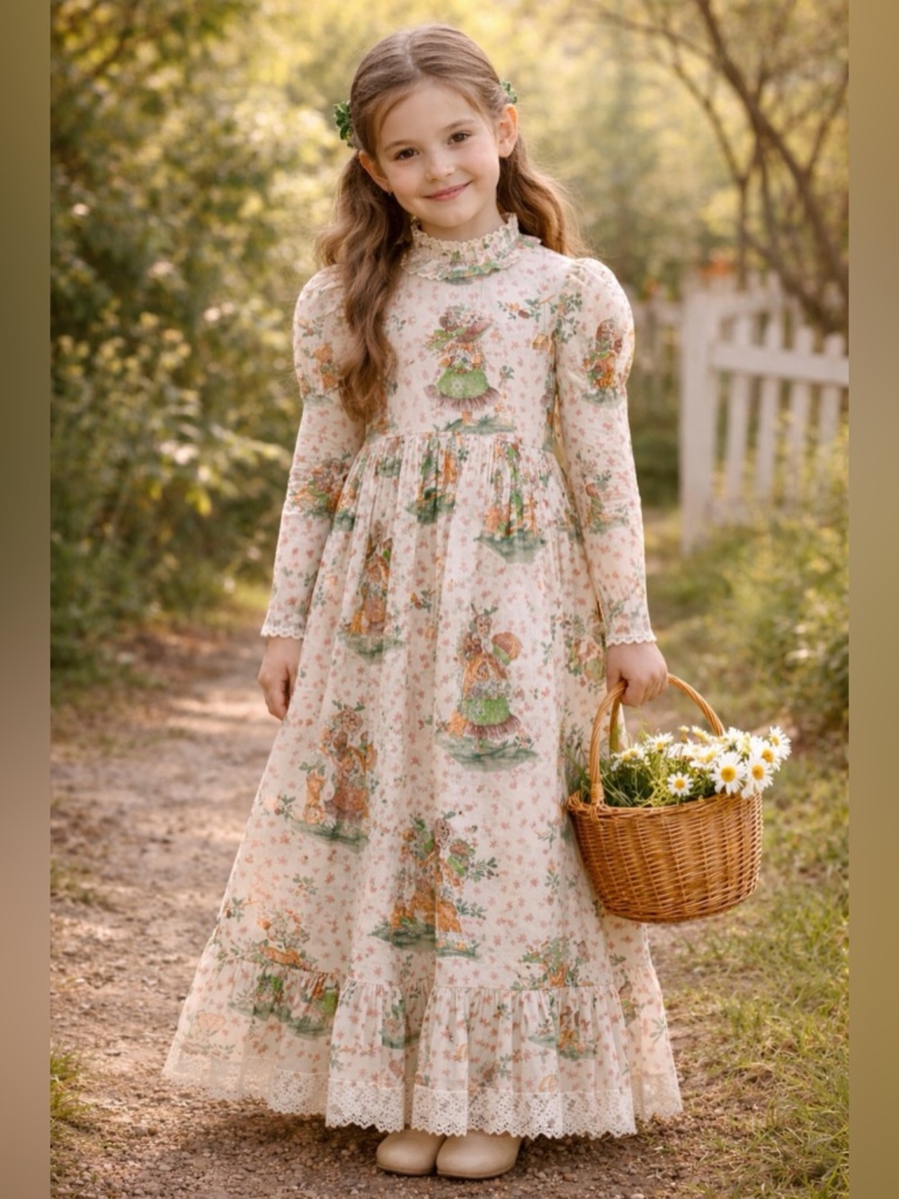 Vintage 70s Handmade Cottagecore Holly Hobby Maxi Storybook Dress | Girls 8–10